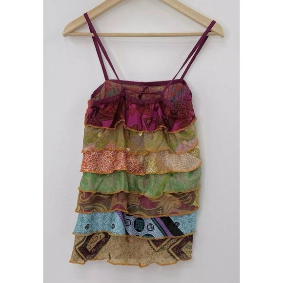 Silly Yeti 100% Silk Tiered Boho  Tie Back Sleeveless Blouse See Measurements - Picture 3 of 9